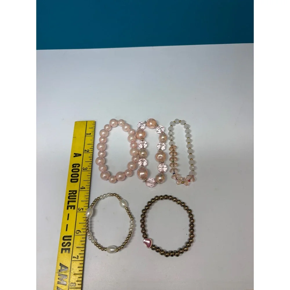 Pink Faux Pearl and Crystal Beaded Stretch Bracelet Set Gold Tone Heart 5 Piece